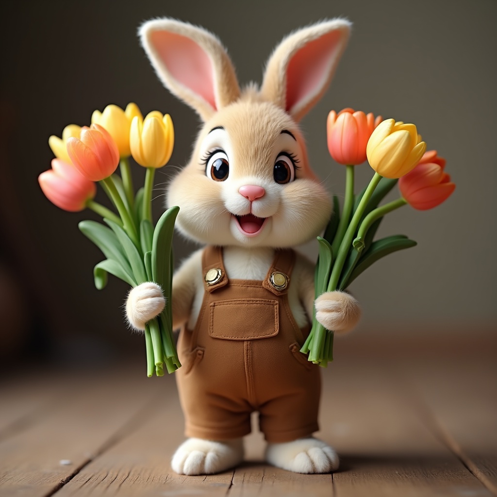 Cute rabbit holds flowers in hands Cute rabbit holds flowers in hands