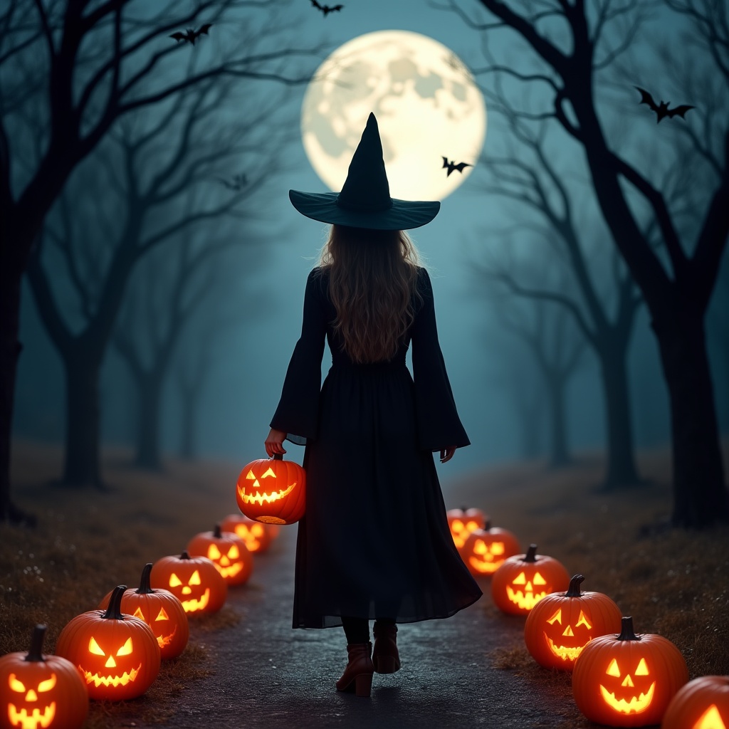 Witch walking with pumpkins at night Witch walking with pumpkins at night