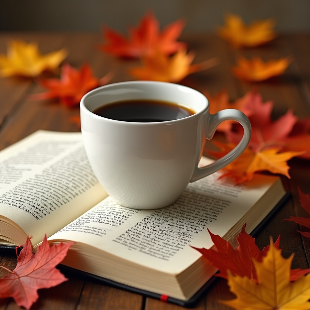 Coffee with autumn leaves on book Coffee with autumn leaves on book