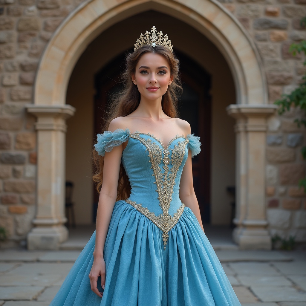 Model in blue dress poses outside castle Model in blue dress poses outside castle
