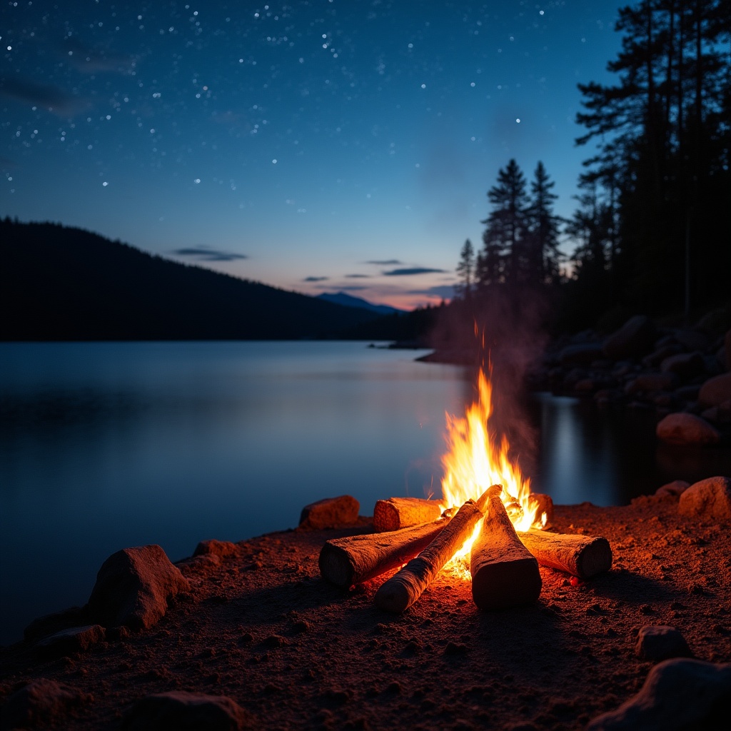 Campfire by the lake at night Campfire by the lake at night