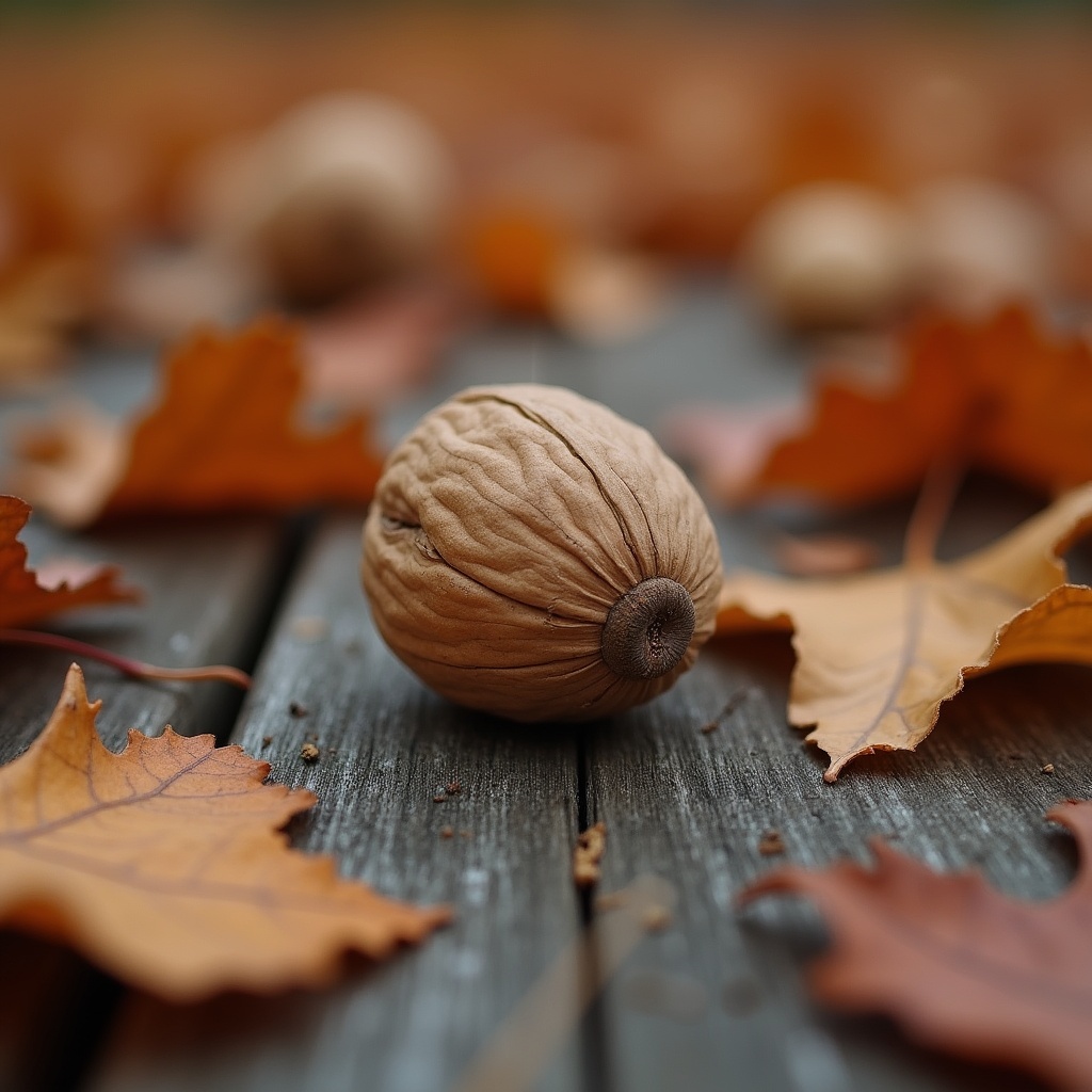 Walnut among autumn leaves on wood Walnut among autumn leaves on wood