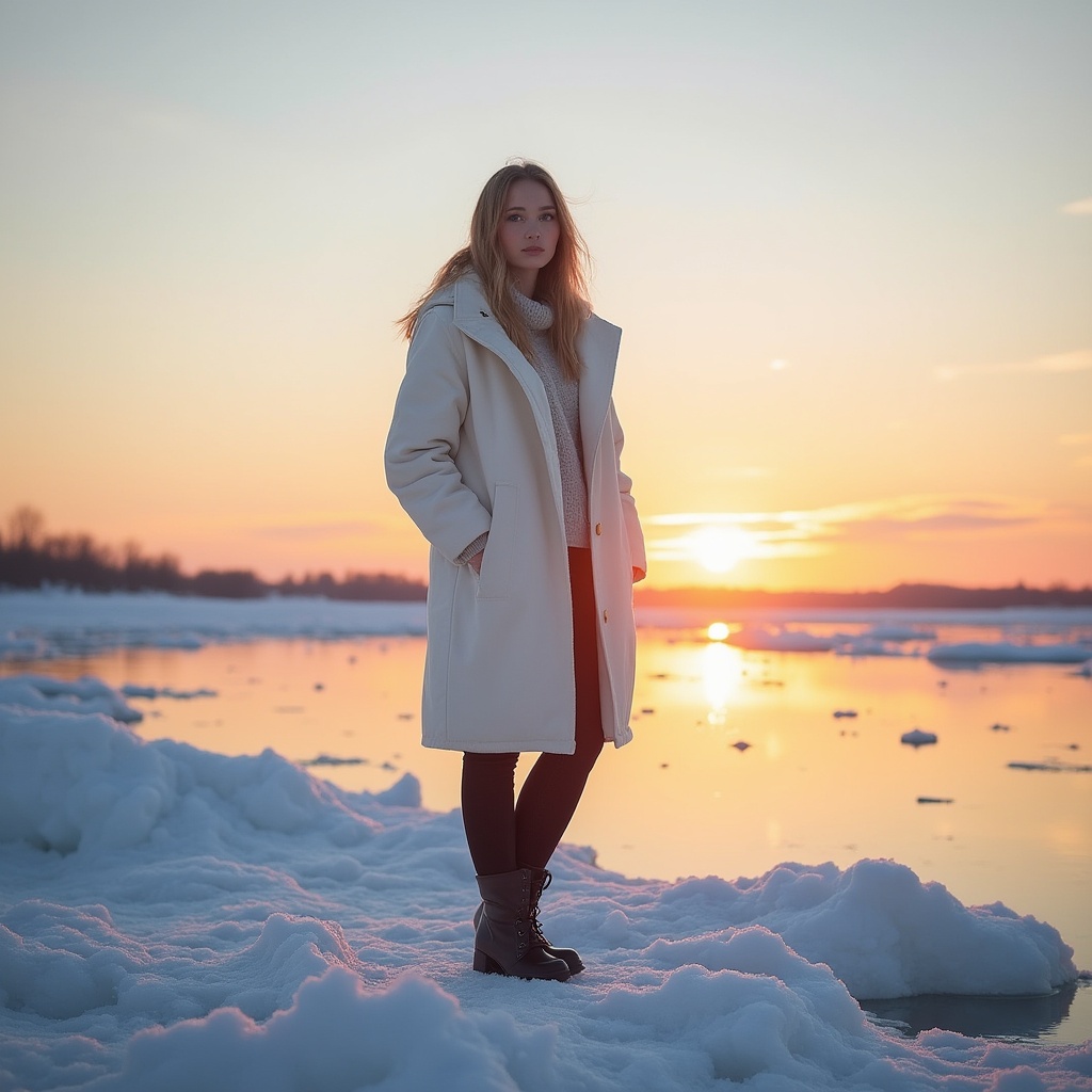 Woman standing on ice at sunset Woman standing on ice at sunset