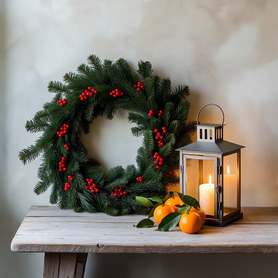 Holiday decorations on a wooden table Holiday decorations on a wooden table