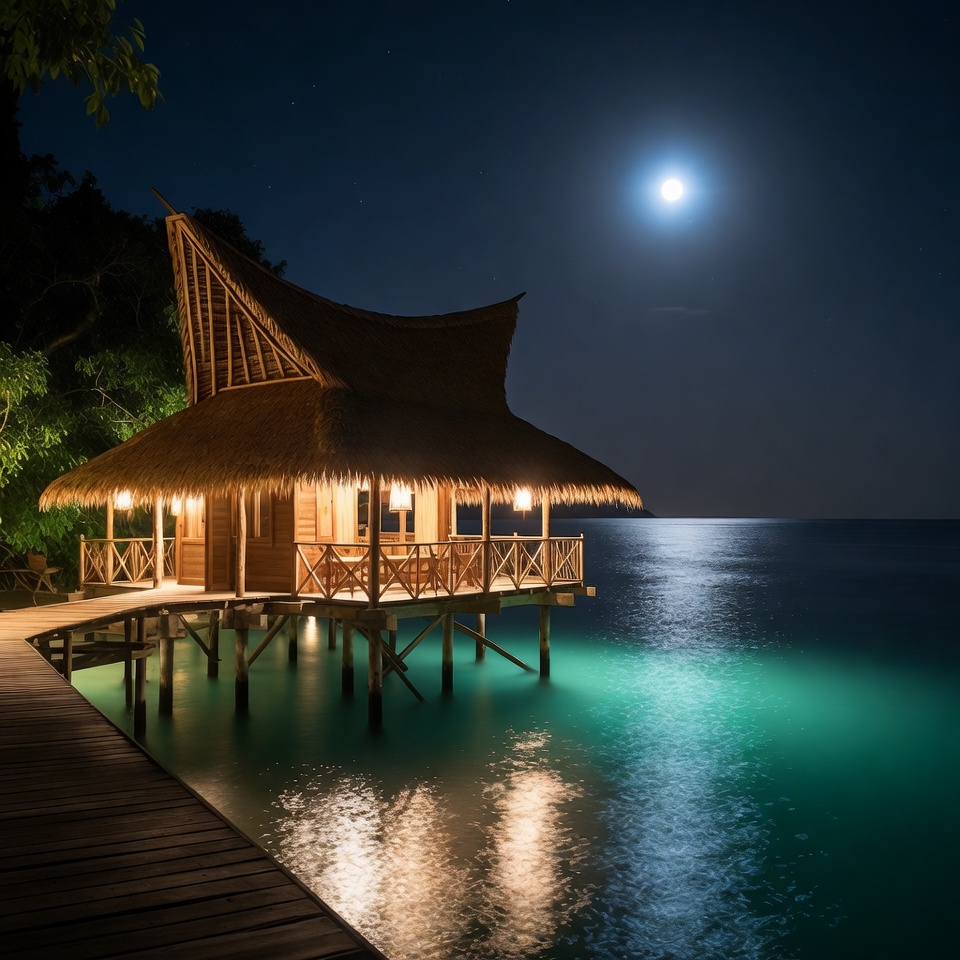 Bright moon over seaside hut at night Bright moon over seaside hut at night