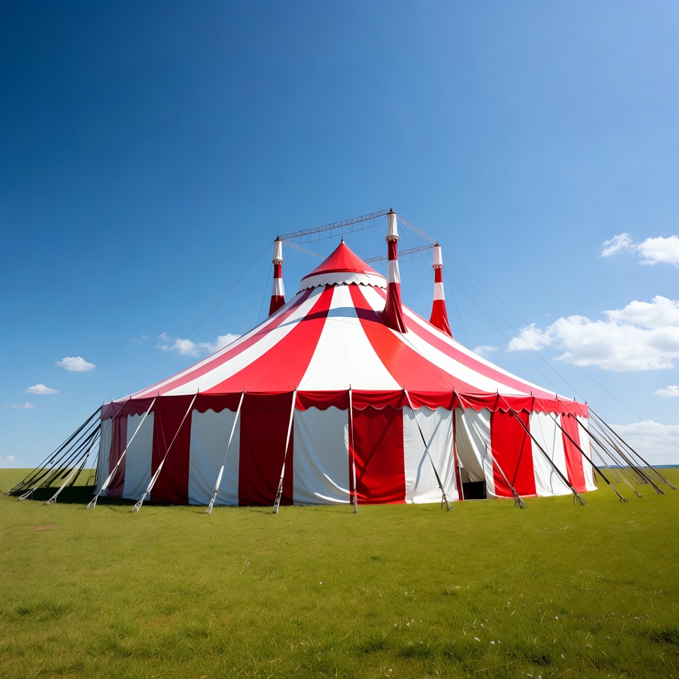Red and white circus tent on green field Red and white circus tent on green field