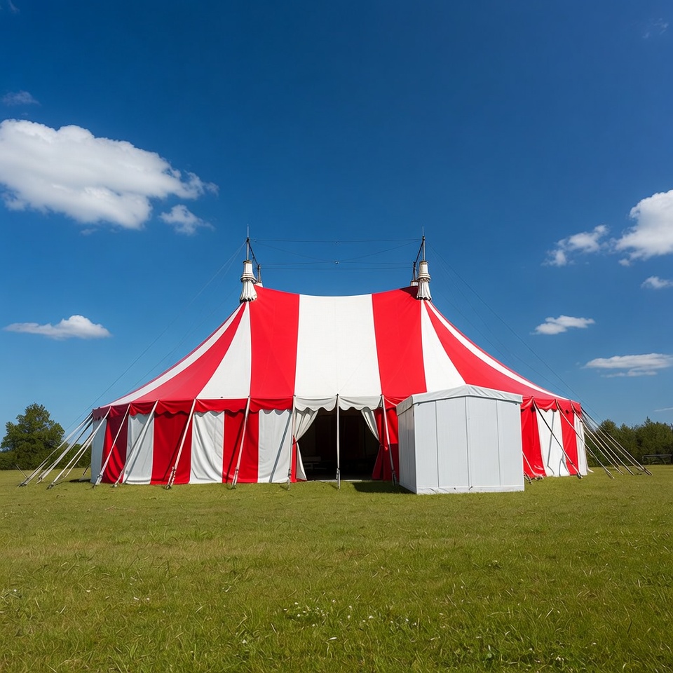 Red and white circus tent in sunny field Red and white circus tent in sunny field