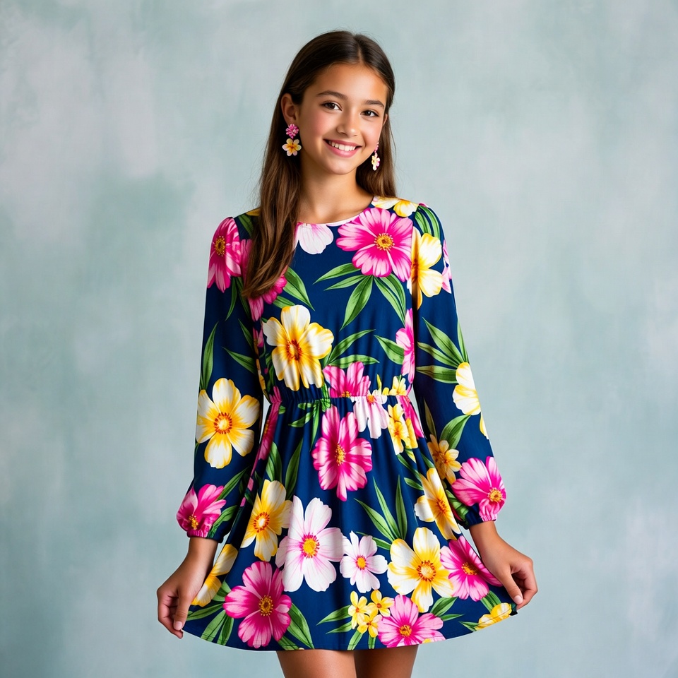Young girl in floral dress smiling Young girl in floral dress smiling