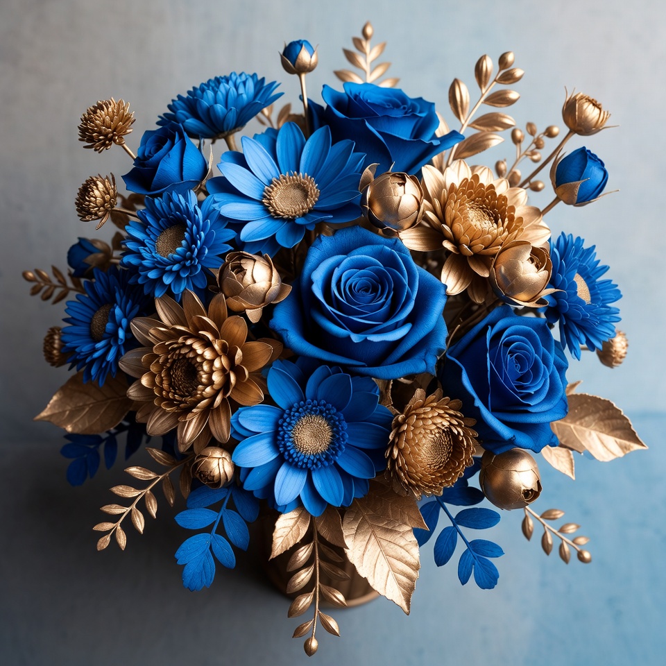 Blue and gold flower arrangement display Blue and gold flower arrangement display