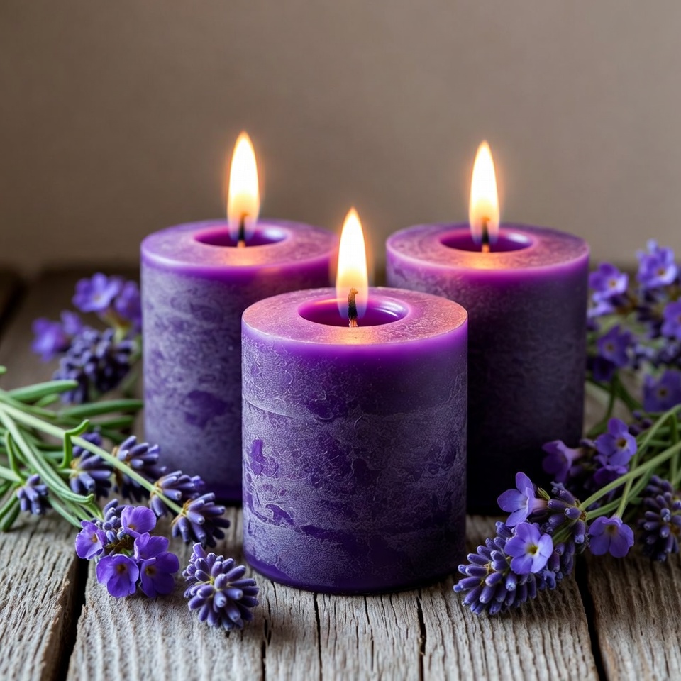 Candles and lavender on wood table Candles and lavender on wood table