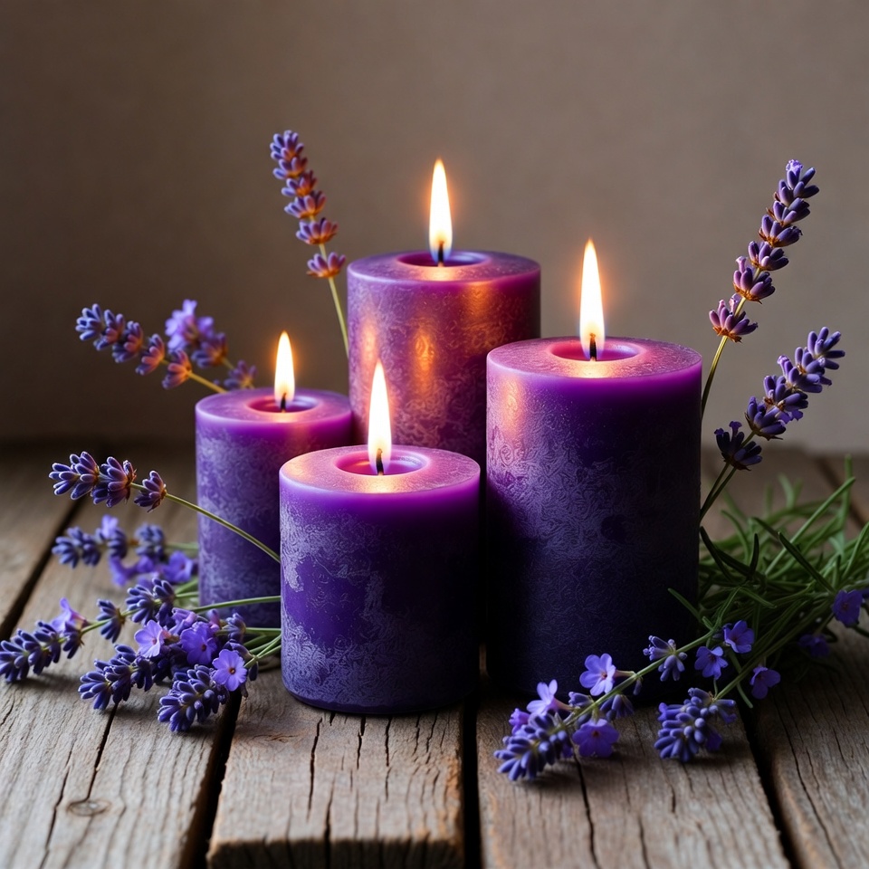 Lavender candles on wooden table Lavender candles on wooden table