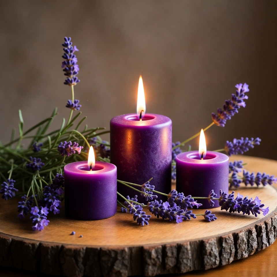 Candles with lavender on wooden table Candles with lavender on wooden table