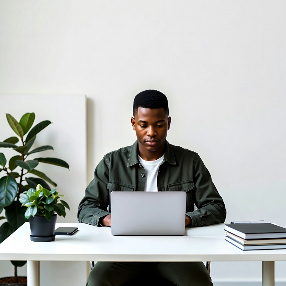 Young man working at desk with laptop and plants Young man working at desk with laptop and plants