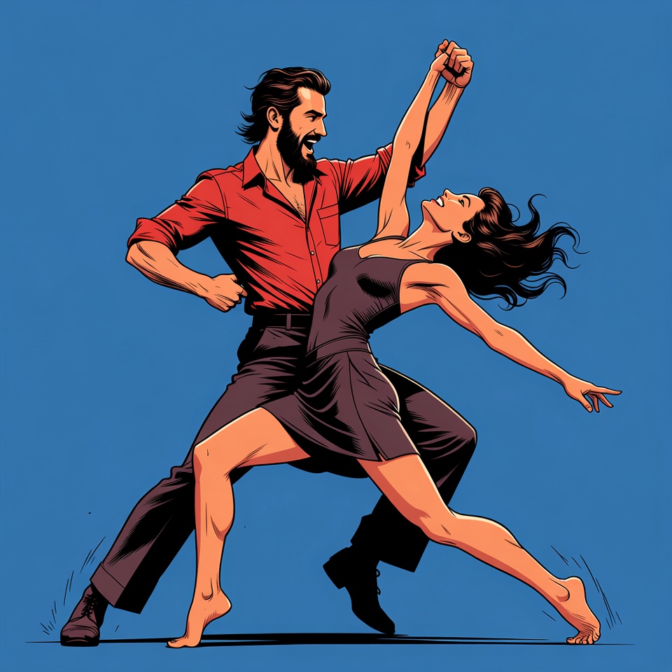 Couple dances against blue backdrop Couple dances against blue backdrop