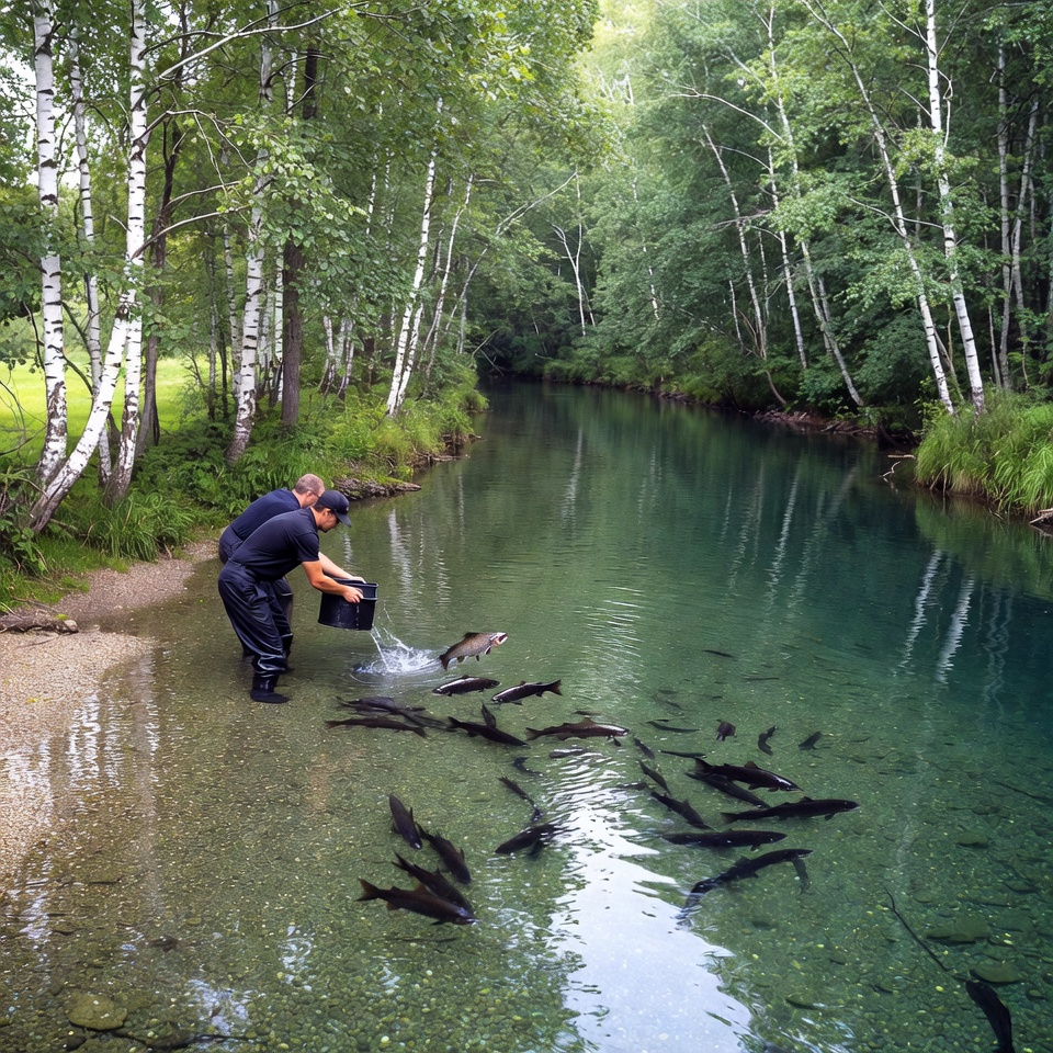 Man feeds fish in clear stream Man feeds fish in clear stream