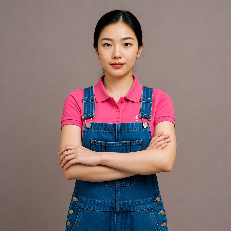 Young woman in denim overalls stands confidently Young woman in denim overalls stands confidently