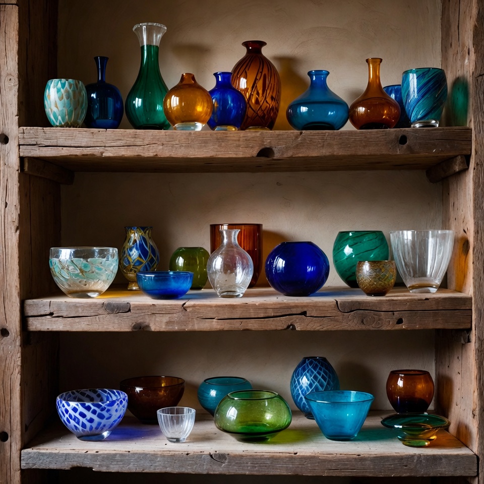 Colorful glass collection on wooden shelf Colorful glass collection on wooden shelf