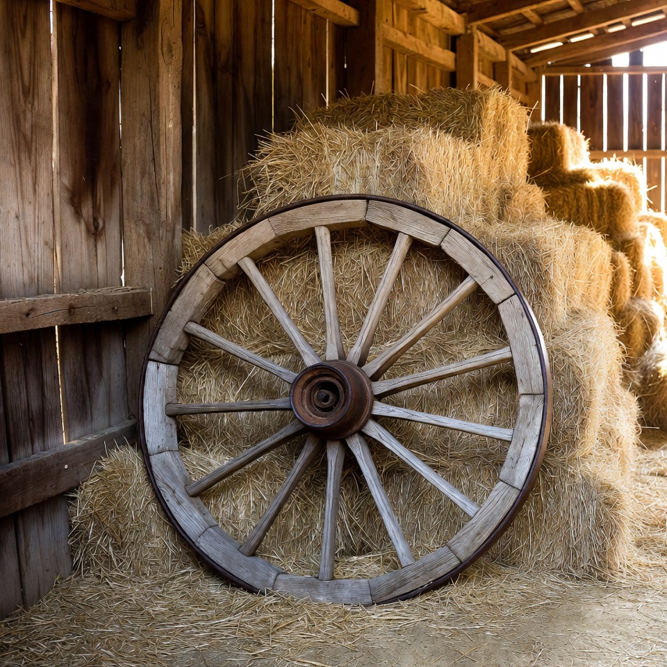 Old wooden wheel next to hay Old wooden wheel next to hay