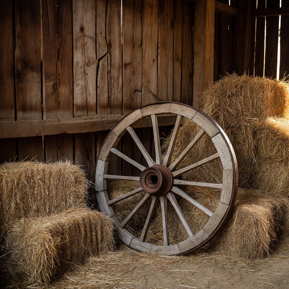 Wooden wheel and hay bales in barn Wooden wheel and hay bales in barn