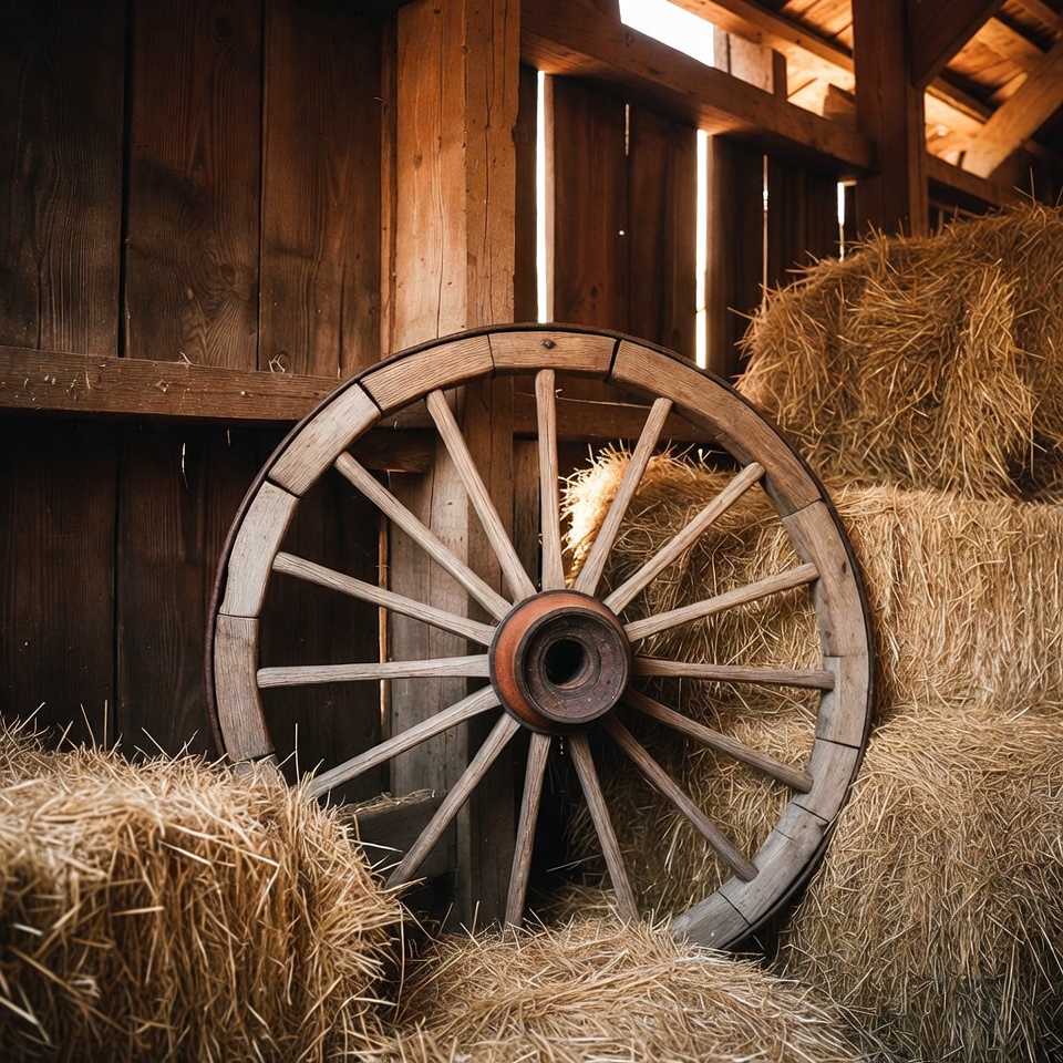 Old wooden wheel in barn Old wooden wheel in barn