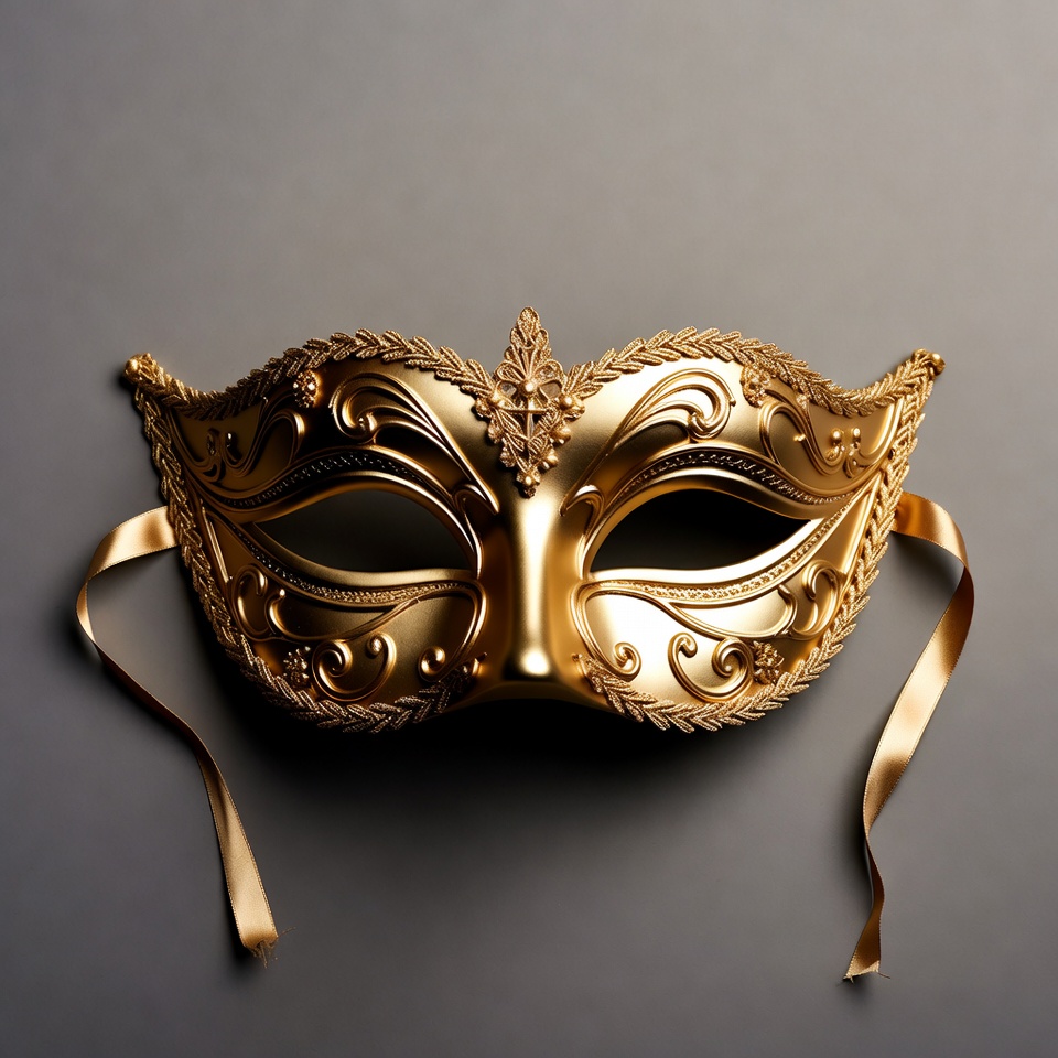 Gold masquerade mask displayed on surface Gold masquerade mask displayed on surface