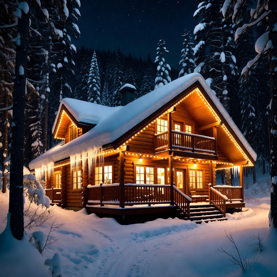 Winter cabin with lights at night Winter cabin with lights at night
