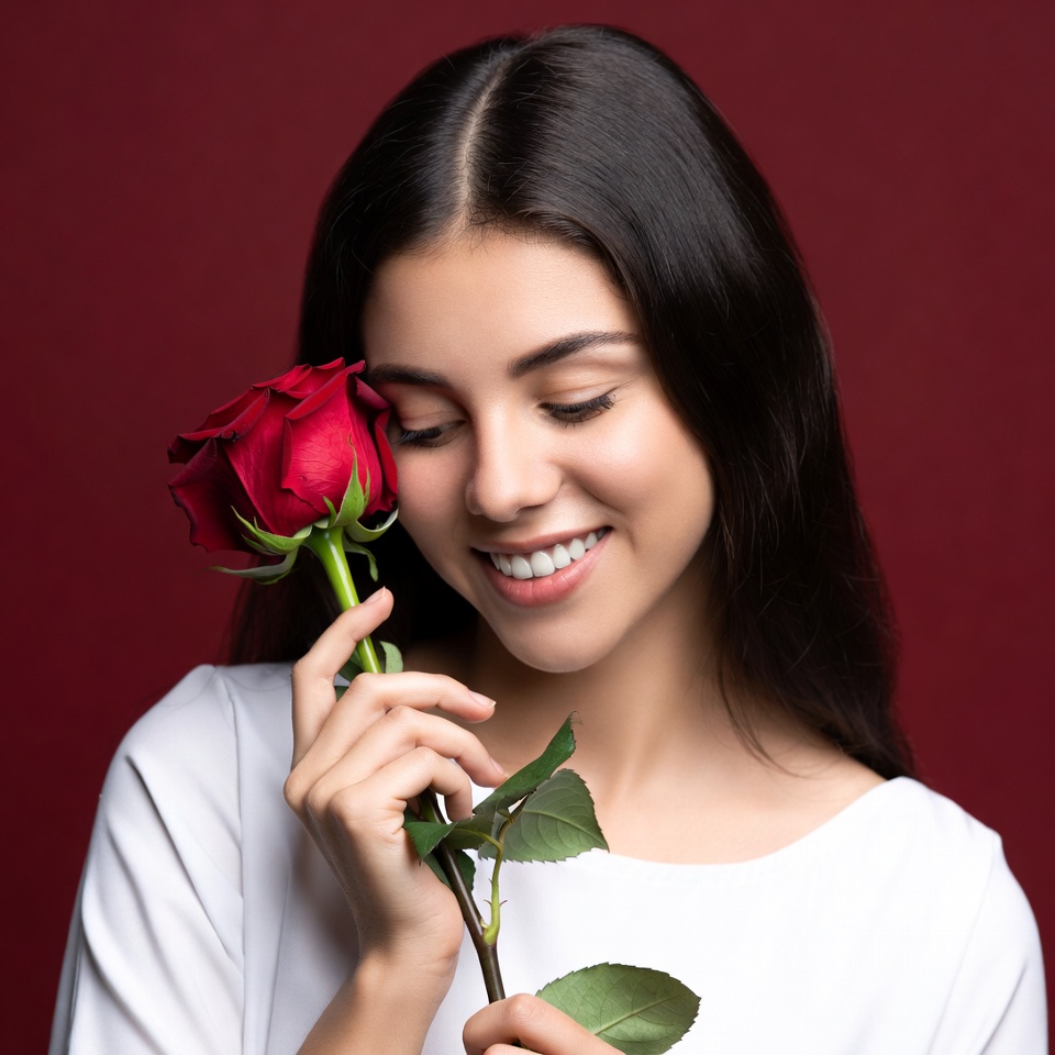 Woman holds red rose with smile Woman holds red rose with smile