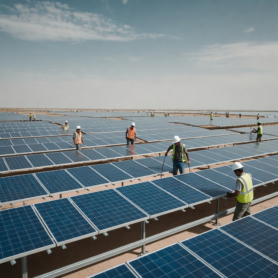 Workers install solar panels in desert Workers install solar panels in desert