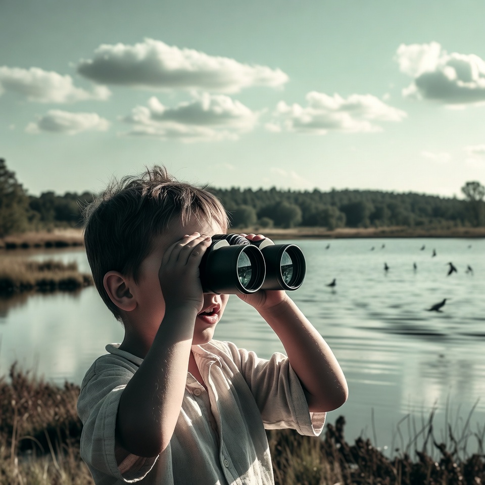 Boy observes ducks by lake Boy observes ducks by lake