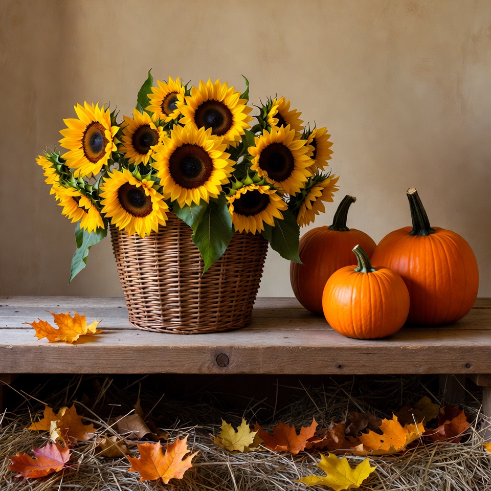 Sunflowers and pumpkins in autumn display Sunflowers and pumpkins in autumn display