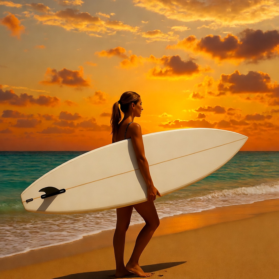 Surfer by the ocean at sunset Surfer by the ocean at sunset