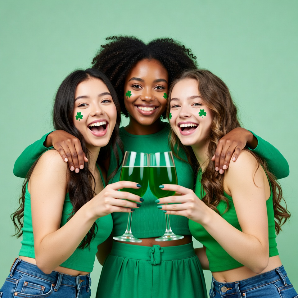 Friends celebrating together in green Friends celebrating together in green