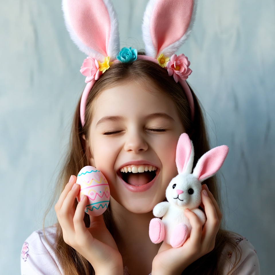 Girl holding egg and bunny toy Girl holding egg and bunny toy