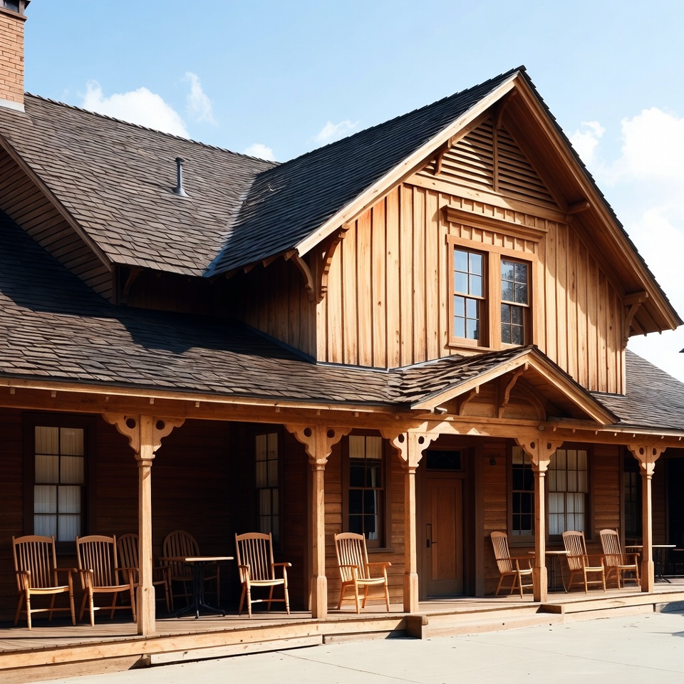 Wooden cabin with a porch in sunlight Wooden cabin with a porch in sunlight