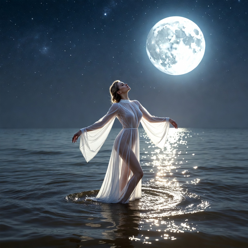Woman standing in water at night Woman standing in water at night
