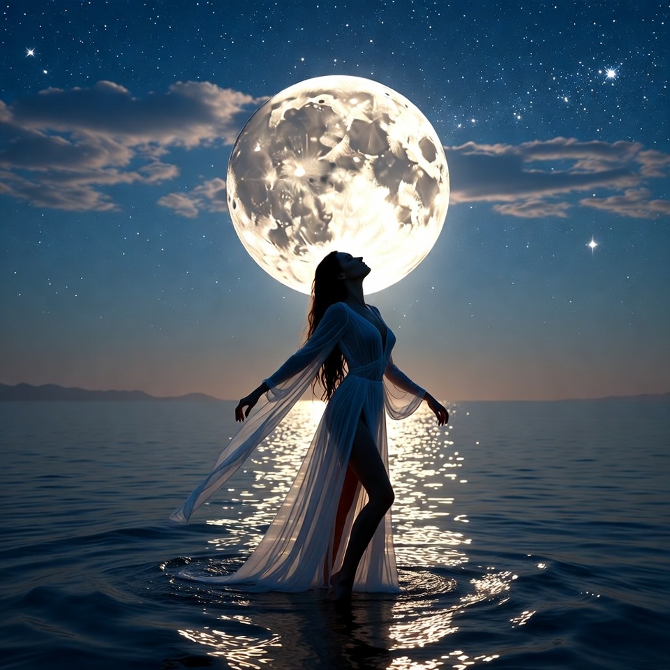 Woman standing in water under moon Woman standing in water under moon