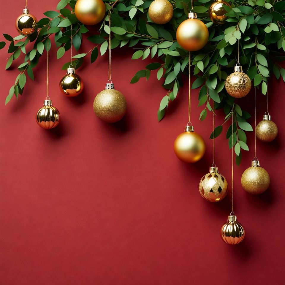 Golden ornaments on green branches Golden ornaments on green branches