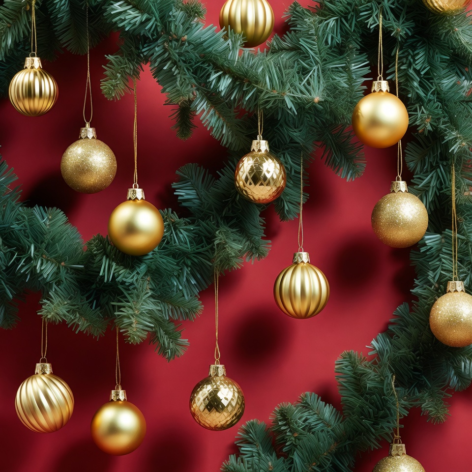 Golden ornaments hang on green branches Golden ornaments hang on green branches