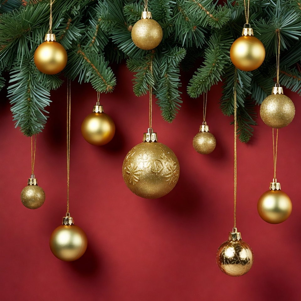 Golden ornaments hanging on green branches Golden ornaments hanging on green branches