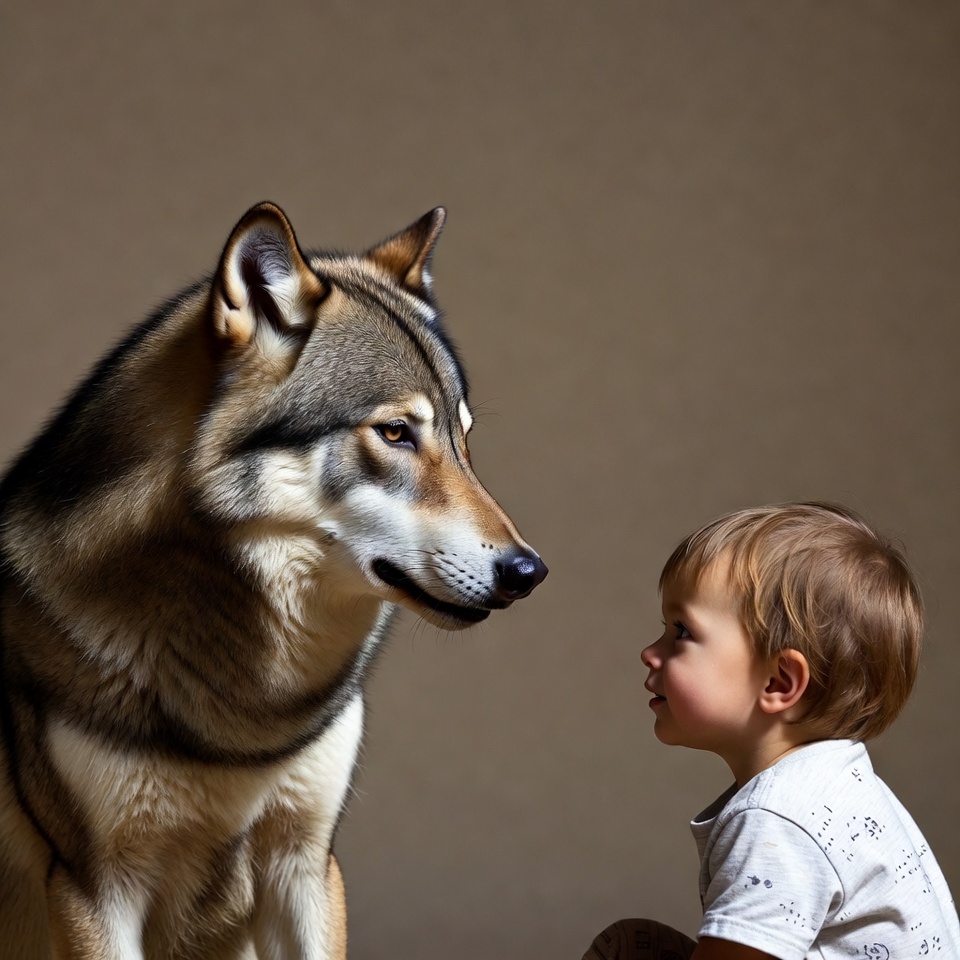 Child and wolf share moment Child and wolf share moment