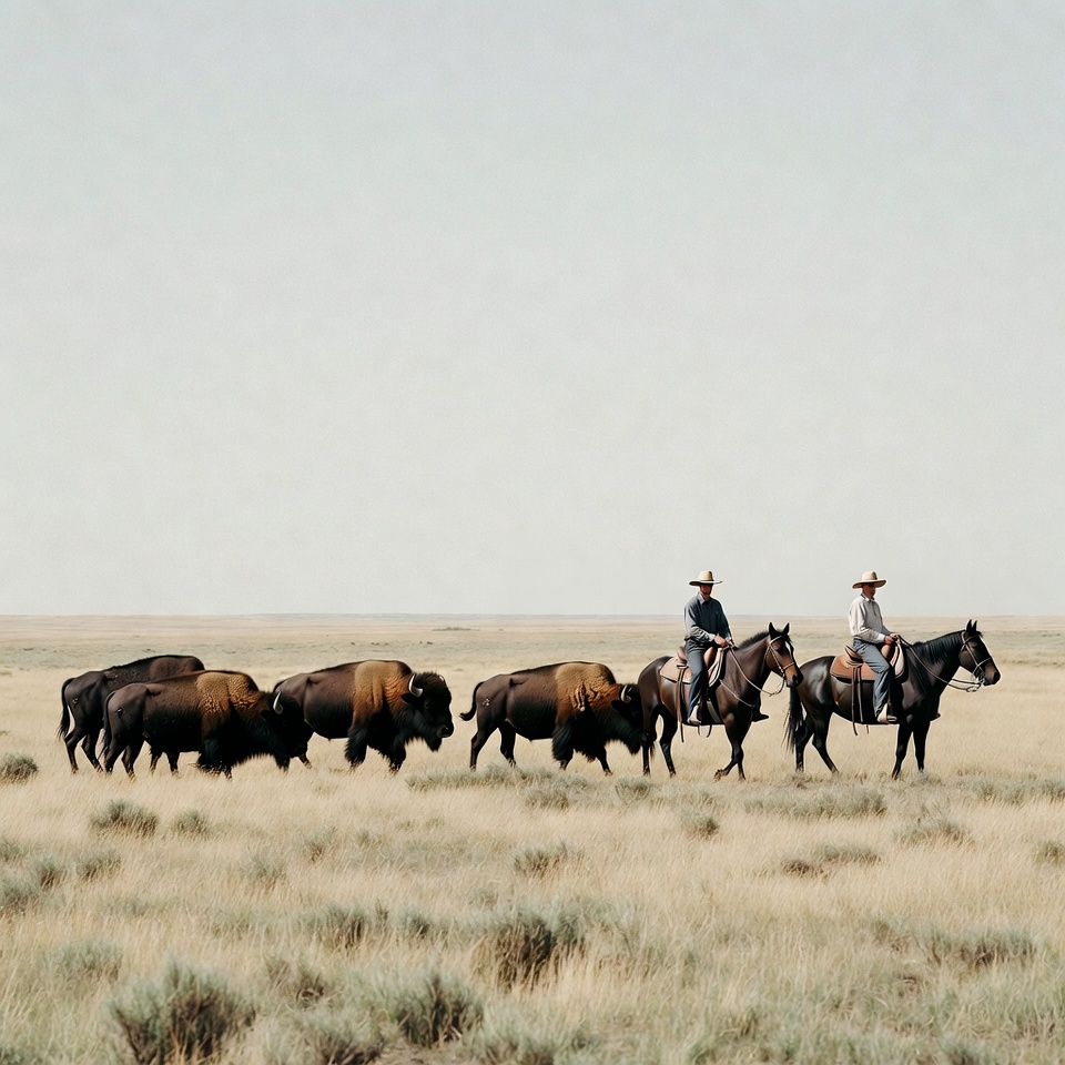 Cowboys guiding buffalo on plains Cowboys guiding buffalo on plains