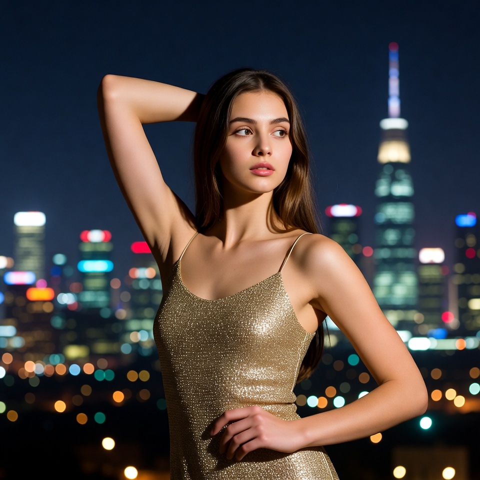 Model poses in city lights at night Model poses in city lights at night