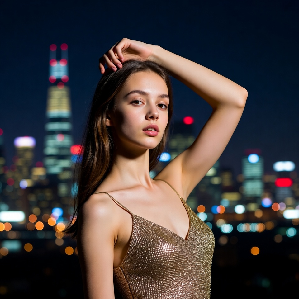 Model posing at night city view Model posing at night city view
