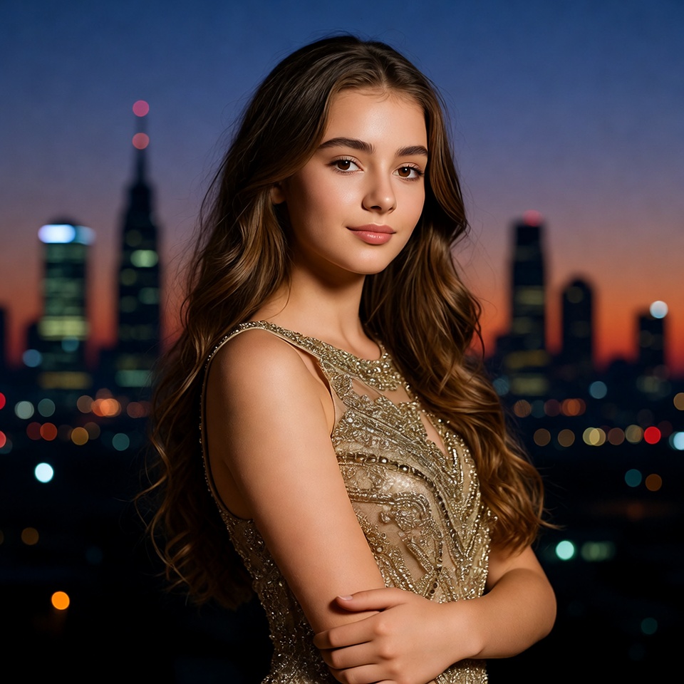 City skyline with model at night City skyline with model at night