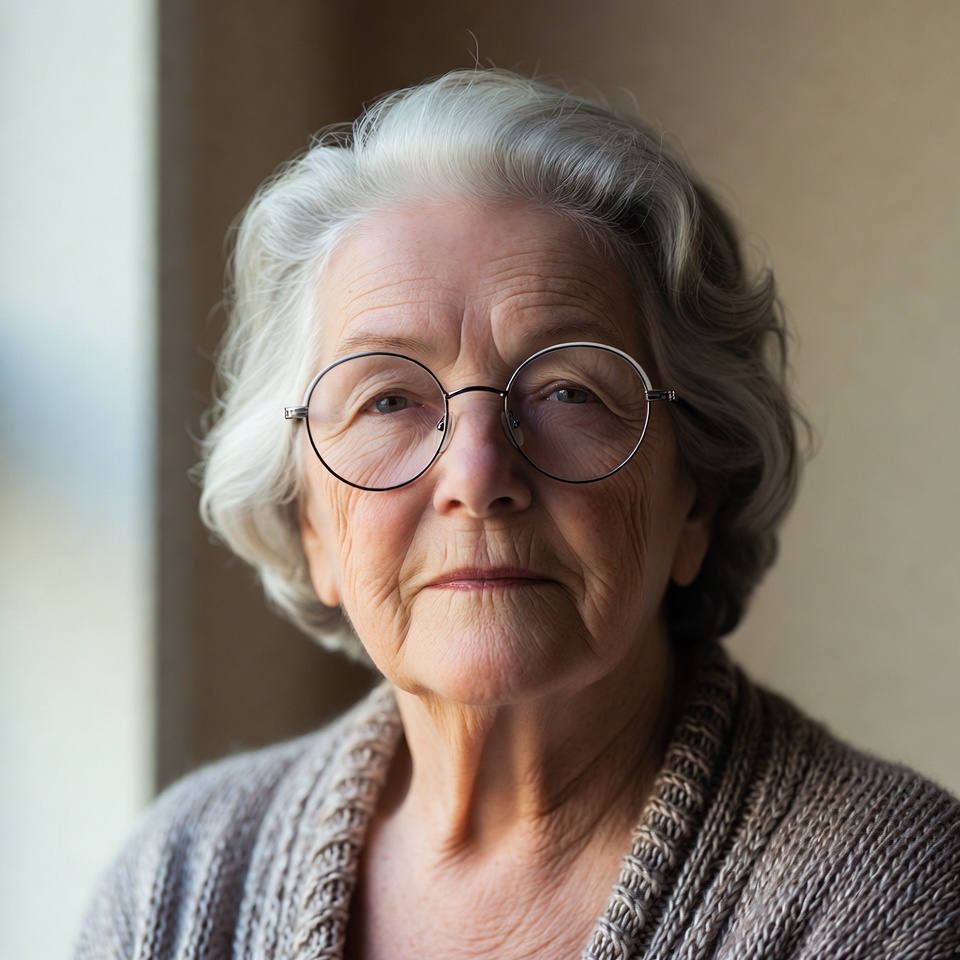 Elderly person wearing glasses indoors Elderly person wearing glasses indoors