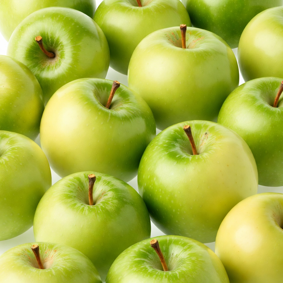 Green apples stacked on white backdrop Green apples stacked on white backdrop