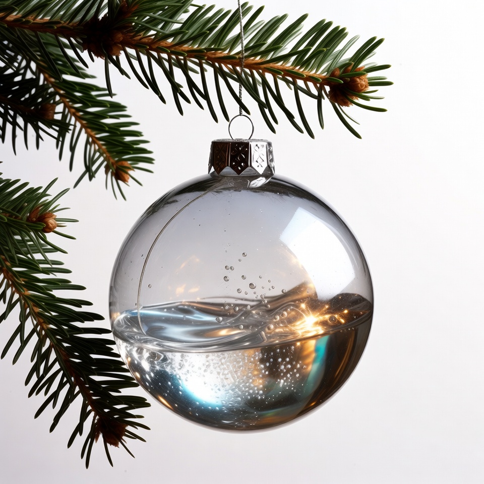 Clear ornament hanging on pine branch Clear ornament hanging on pine branch