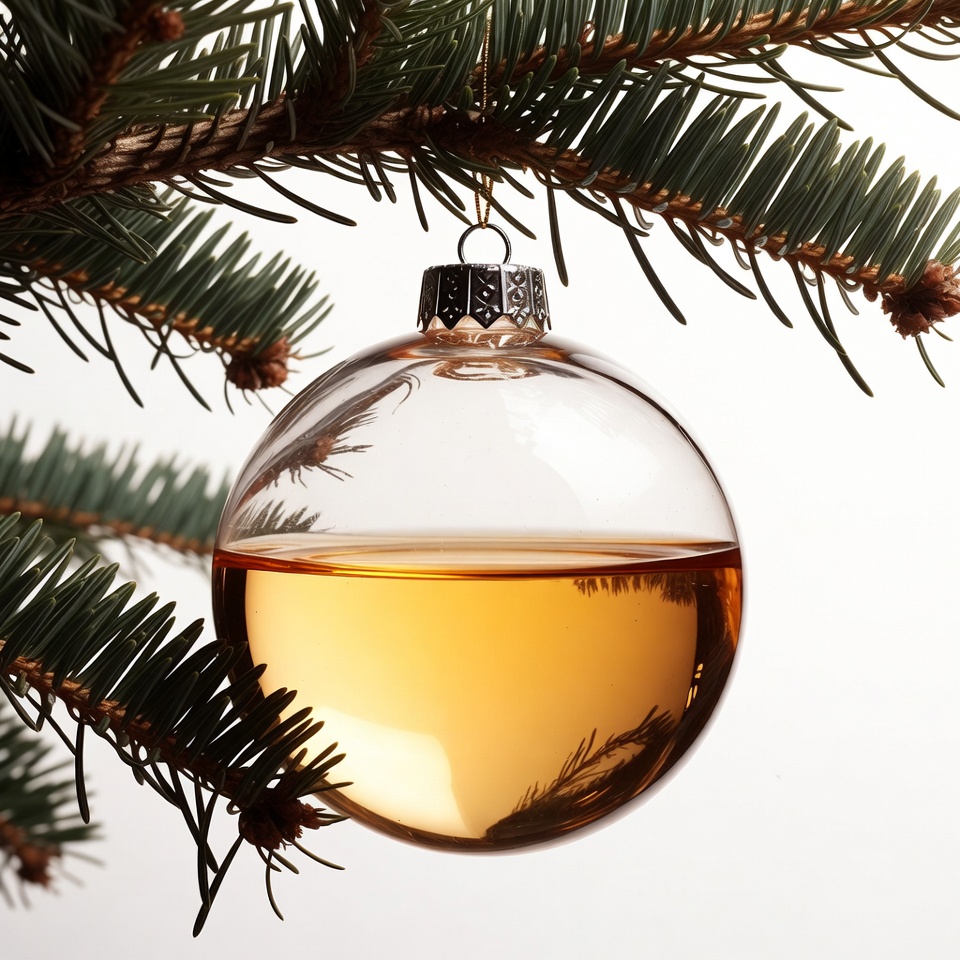 Ornament with liquid hanging from tree Ornament with liquid hanging from tree