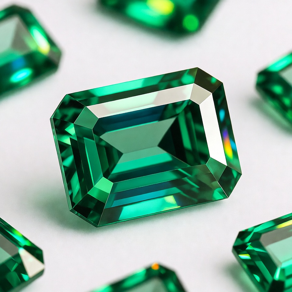 Sparkling green emerald gemstones on display Sparkling green emerald gemstones on display