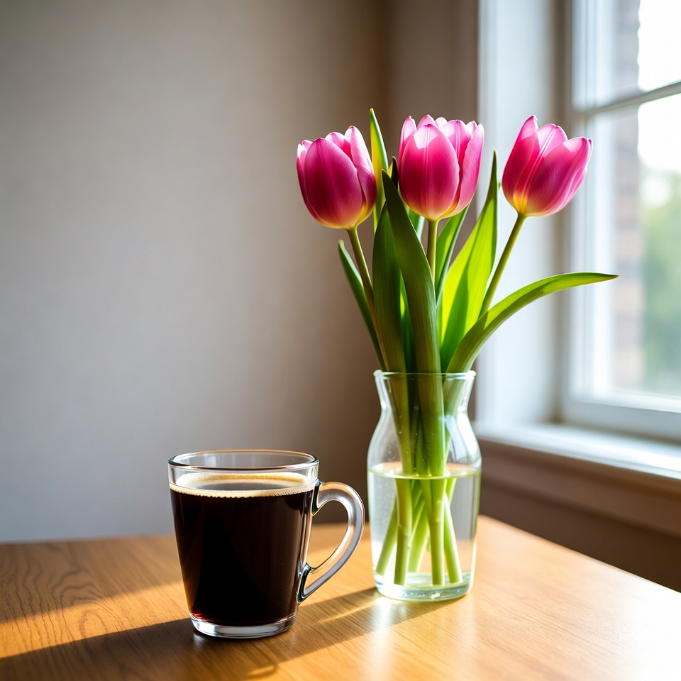 Coffee and flowers by the window Coffee and flowers by the window